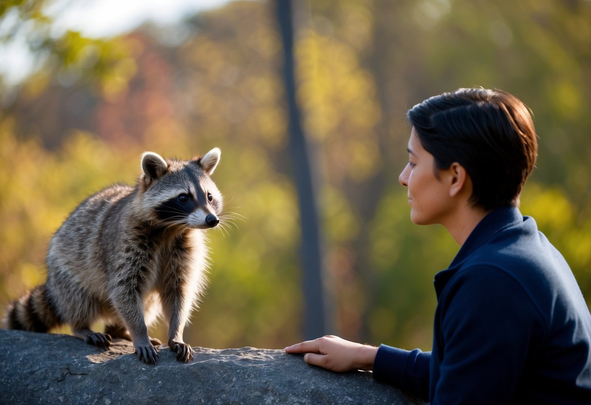 A person standing face to face with a raccoon, holding their ground with calm body language and avoiding direct eye contact
