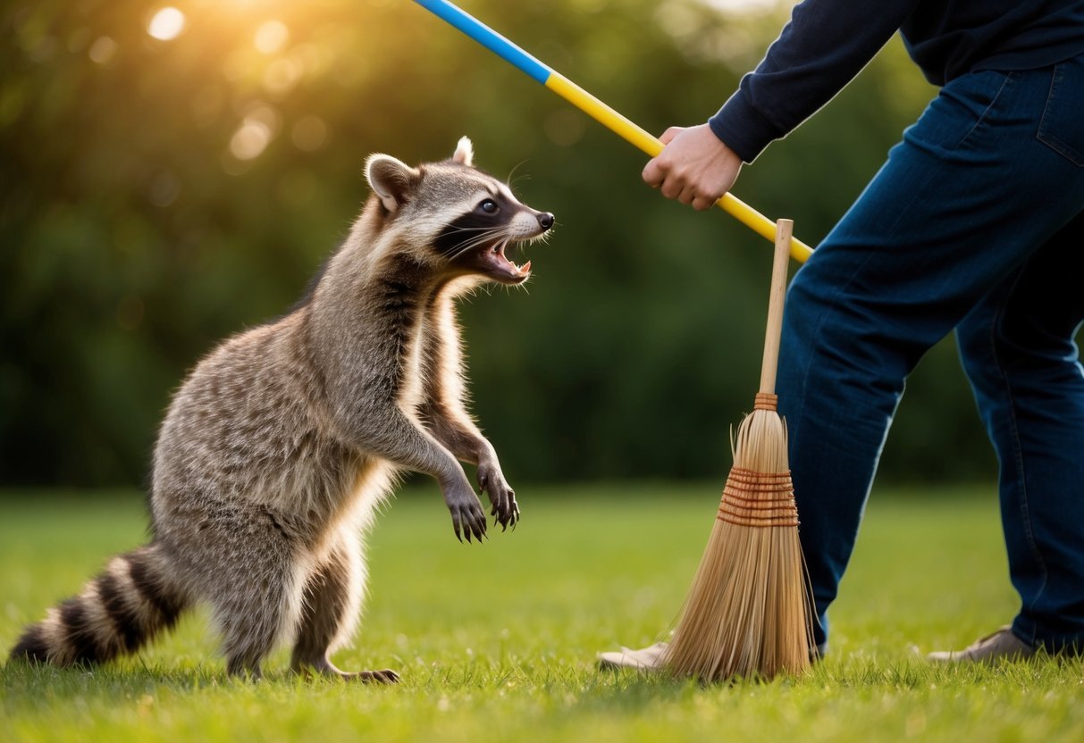 A raccoon stands on its hind legs, facing off with a person. The person holds a broom defensively, while the raccoon bares its teeth