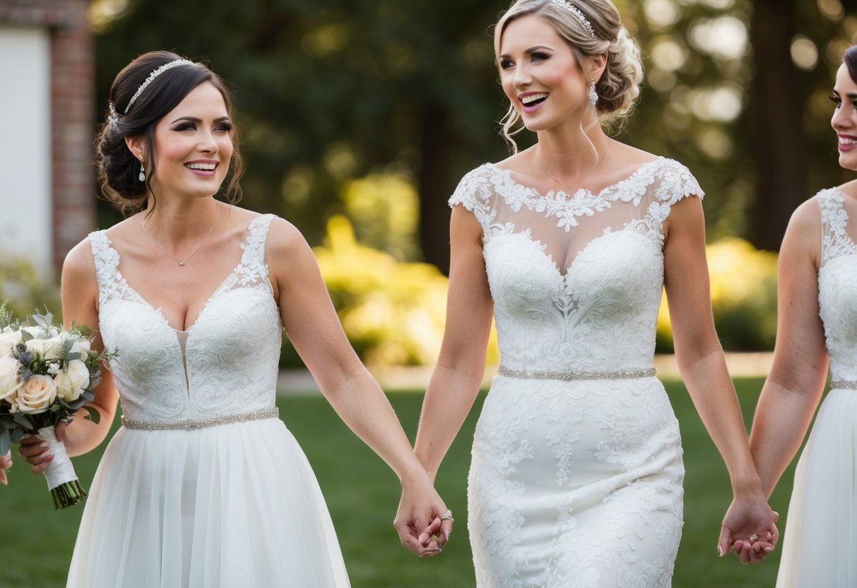 A bride and her bridesmaid stand together, smiling and holding hands. The bridesmaid looks supportive and happy for her sister and future brother-in-law
