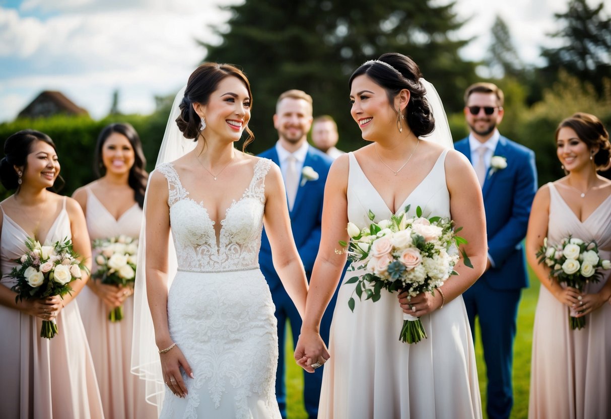 A bride and her fiance's sister standing together, smiling and holding hands, surrounded by flowers and bridal party attire