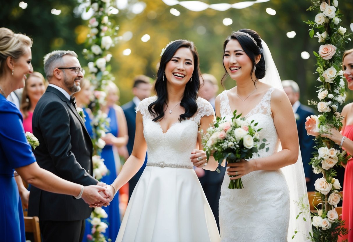 A bride and her future sister-in-law standing together, smiling and holding hands, surrounded by wedding decorations and flowers