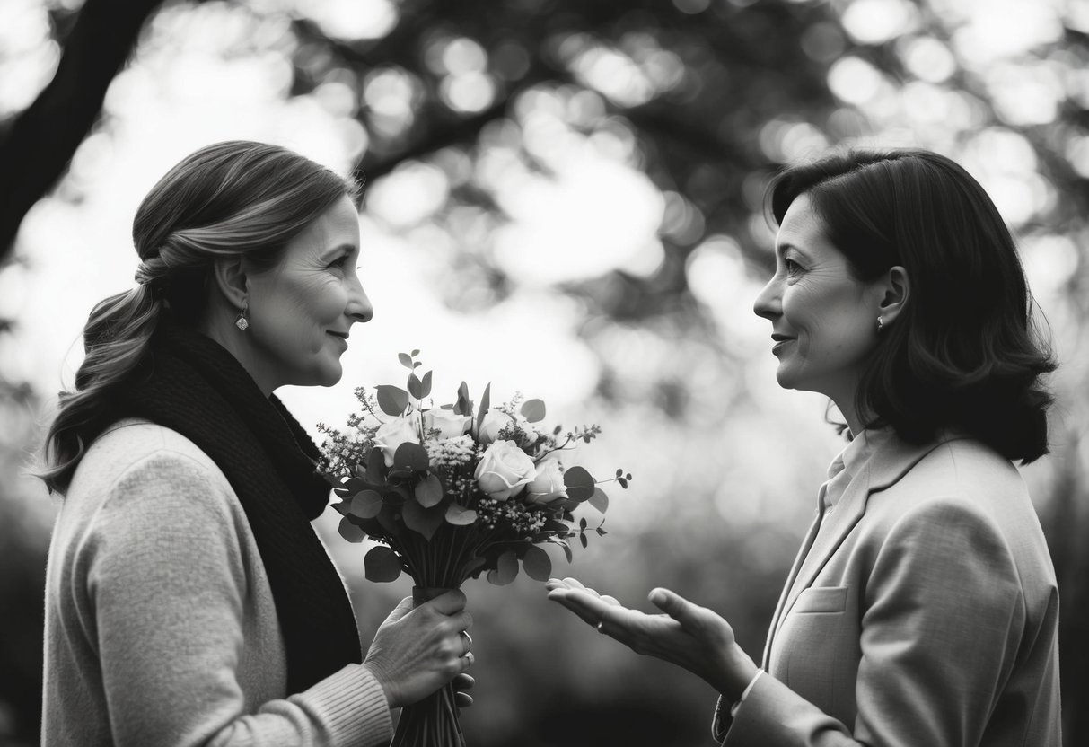 Two figures facing each other, one holding a bouquet, the other gesturing with open hands. A thoughtful expression on both faces