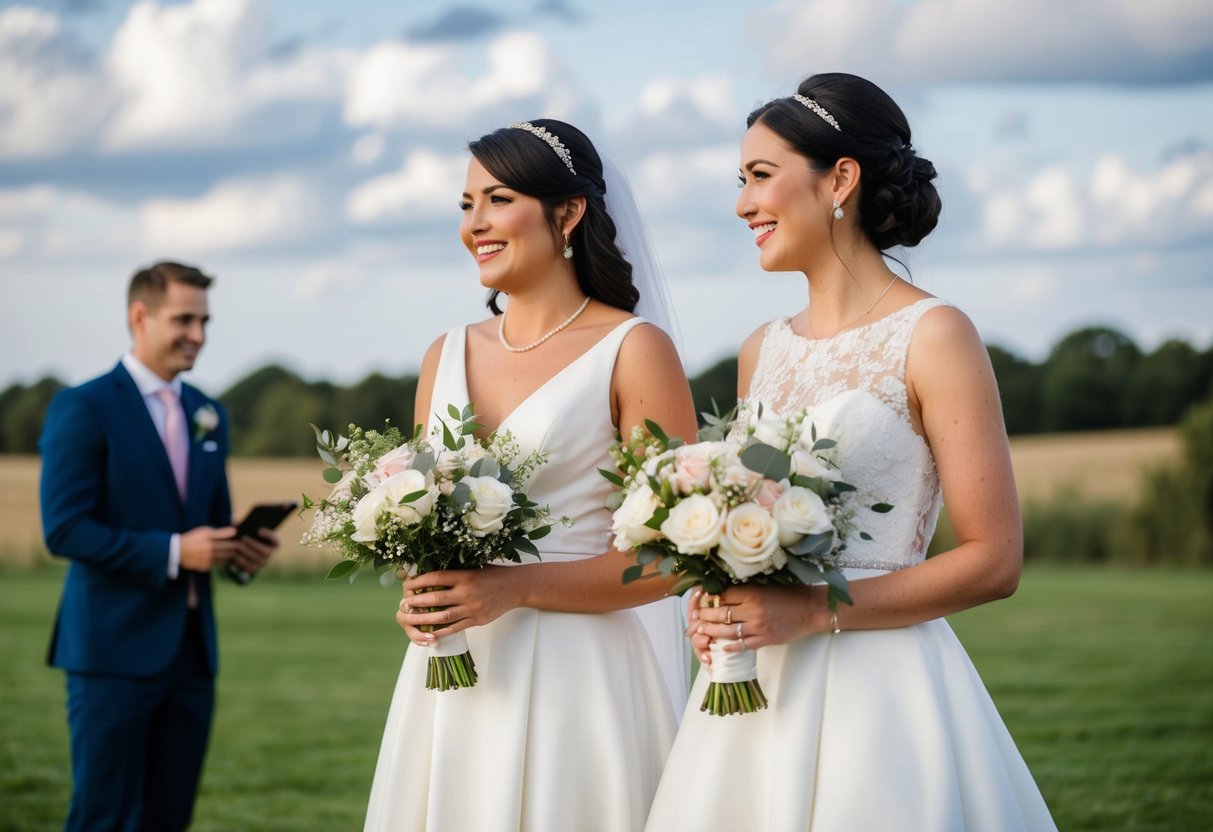 A bride and her fiance's sister stand side by side, holding bouquets and smiling as they discuss wedding plans