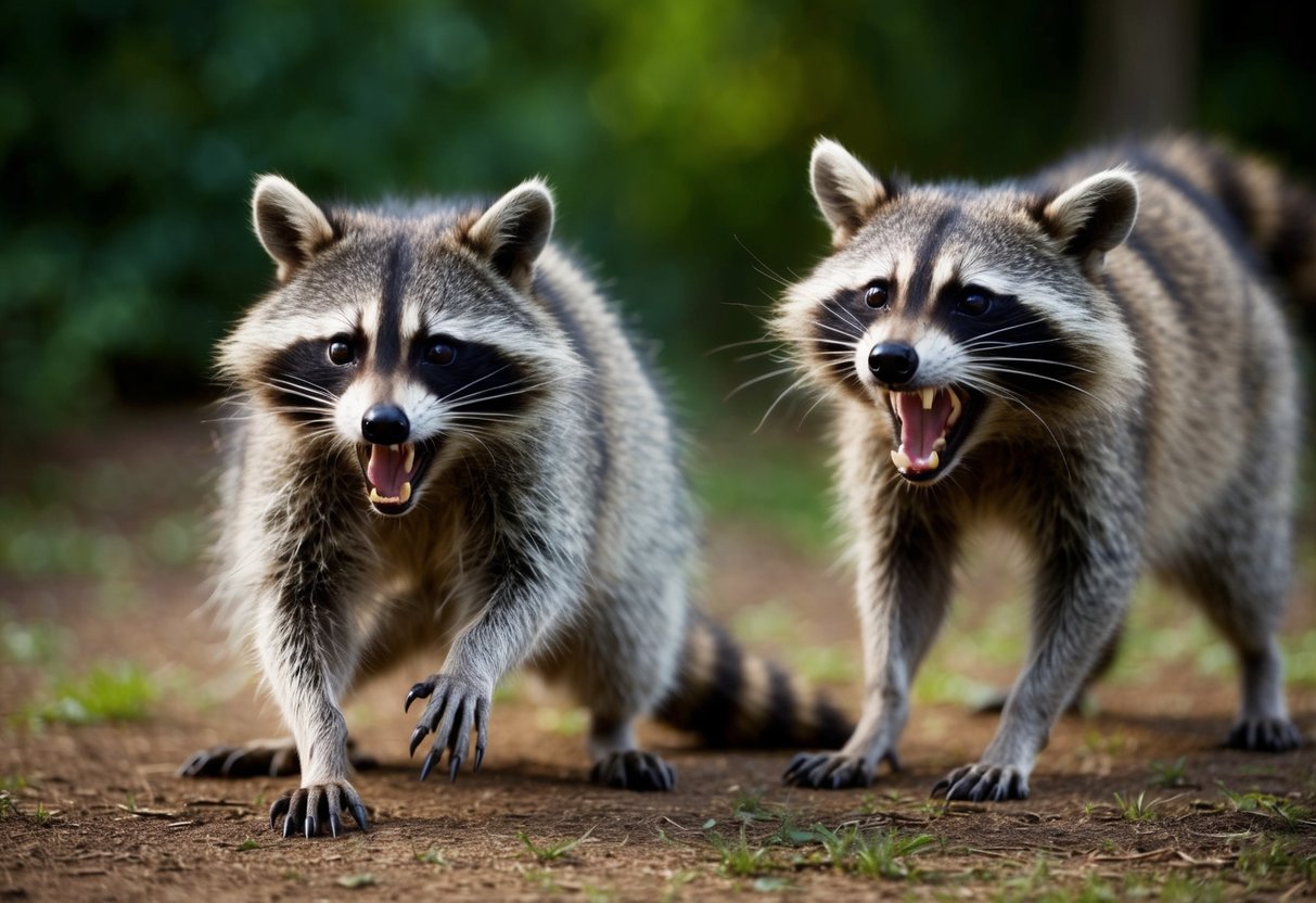 A snarling raccoon lunges forward, baring its teeth and claws, while another rabid raccoon stands nearby, hissing and foaming at the mouth