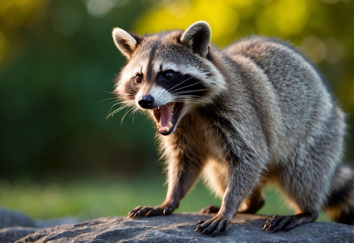 A raccoon with foaming mouth and aggressive posture