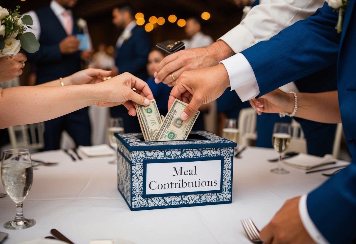 Guests reaching into their wallets at a wedding reception table, placing cash or cards into a decorative box labeled "Meal Contributions."