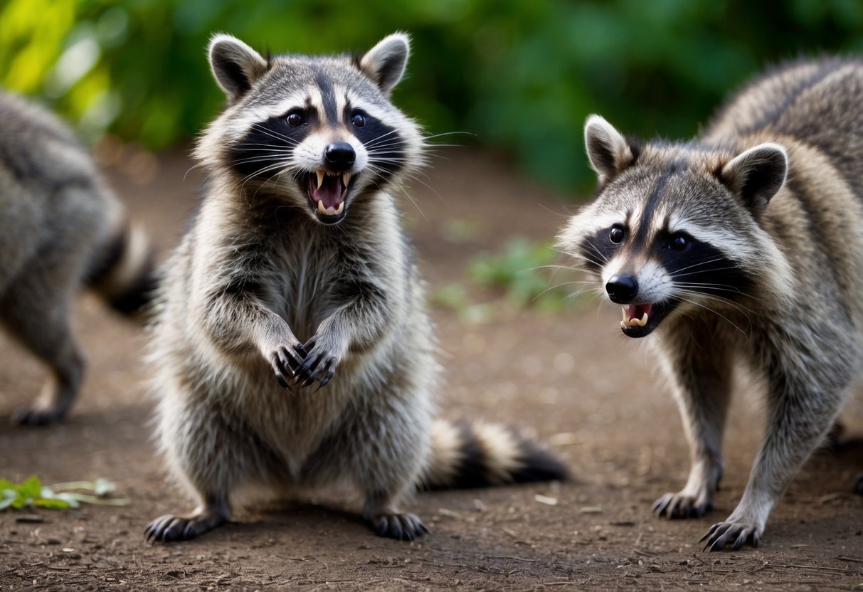 A raccoon bares its teeth and hisses, standing on its hind legs. Another raccoon lurks nearby, showing signs of aggression