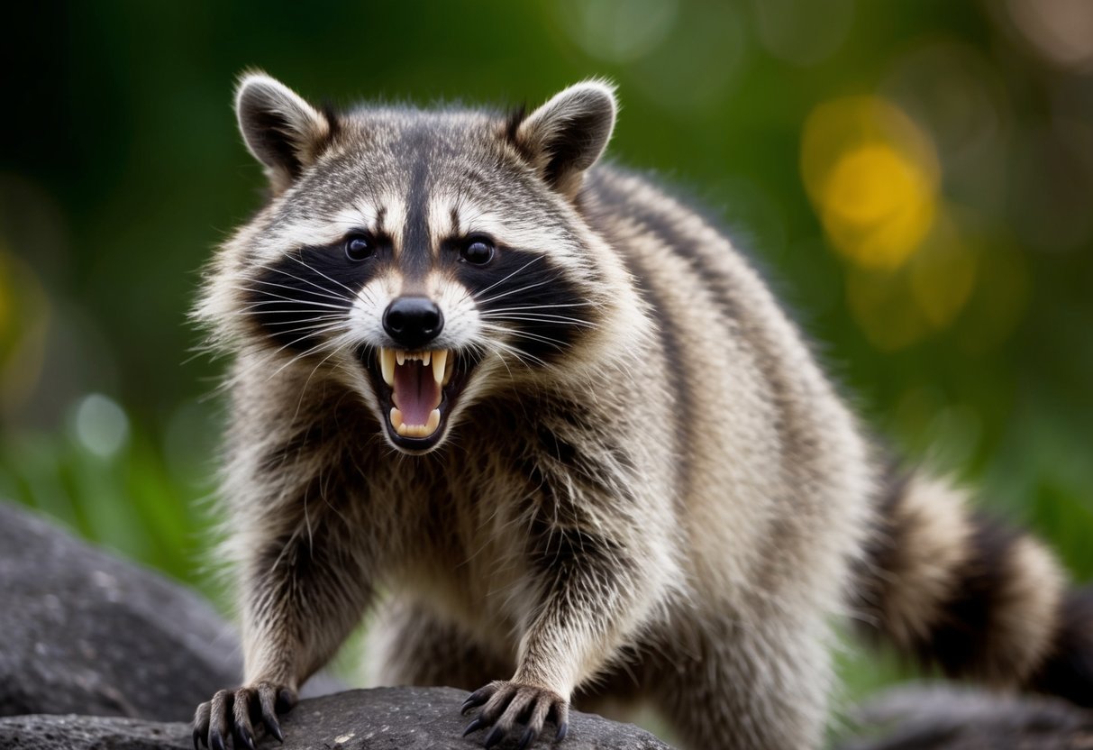 A raccoon snarling and baring its teeth, with a foaming mouth and aggressive stance