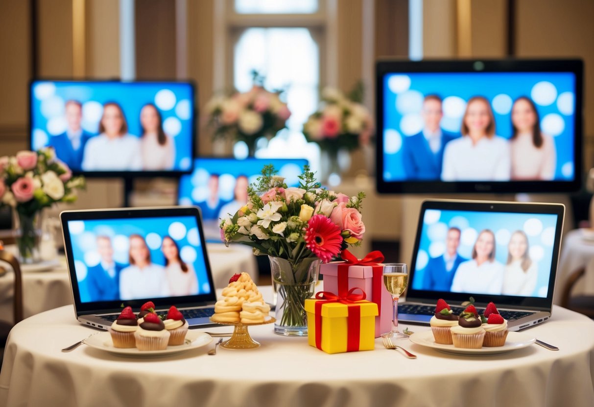 A table set with flowers, gifts, and desserts, surrounded by virtual screens showing smiling faces