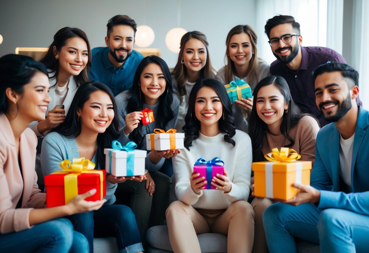 A group of friends gather on a video call, each holding a gift and smiling as they celebrate the bride-to-be with virtual games and activities