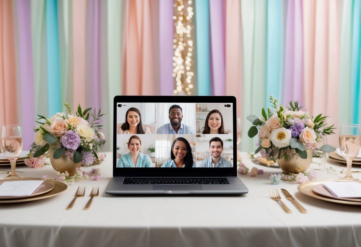 A virtual bridal shower with pastel streamers, floral centerpieces, and elegant table settings. A laptop displaying a video call with smiling faces in the background