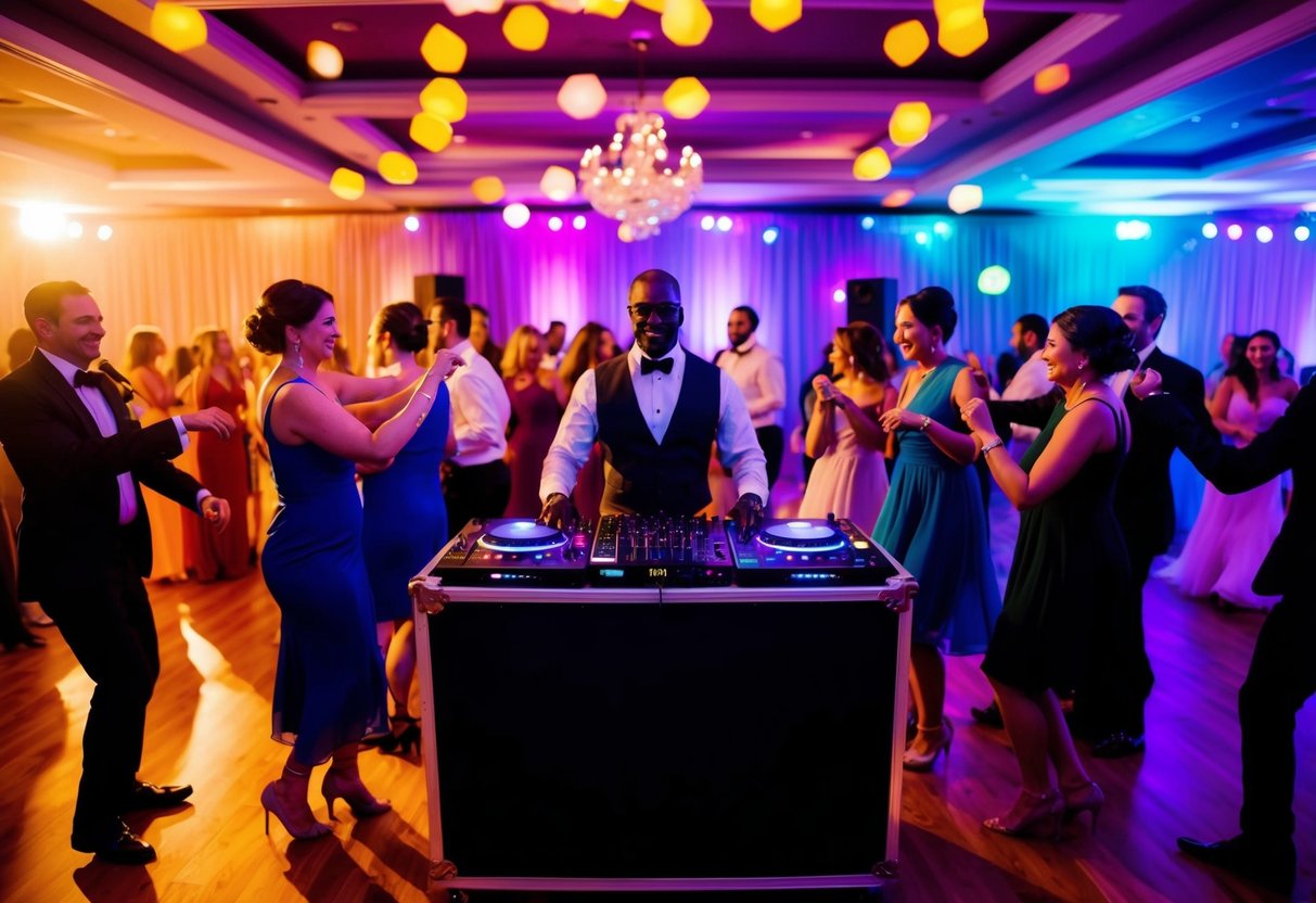 A figure stands at a DJ booth surrounded by dancing guests and colorful lights, creating a festive atmosphere for a wedding celebration