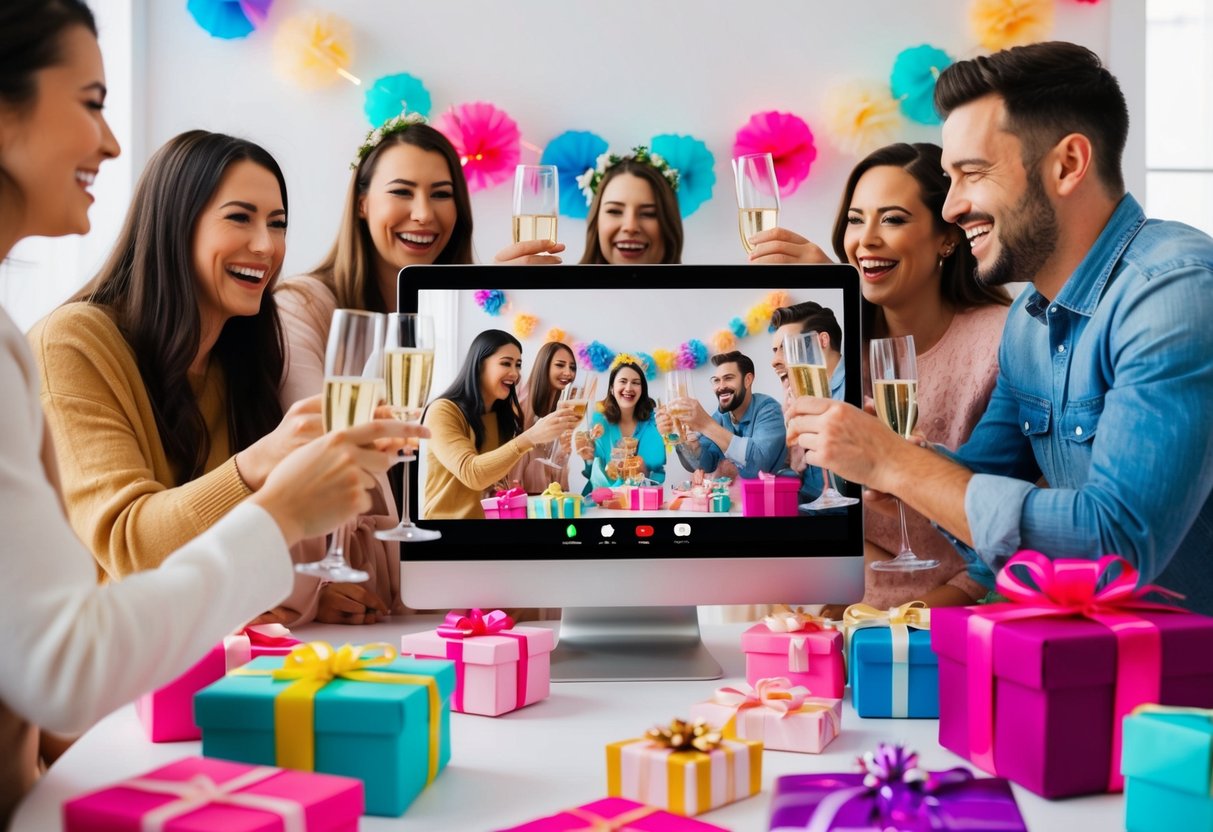 A virtual bridal shower: A group of friends laughing and toasting with champagne glasses over a video call, surrounded by colorful decorations and gifts