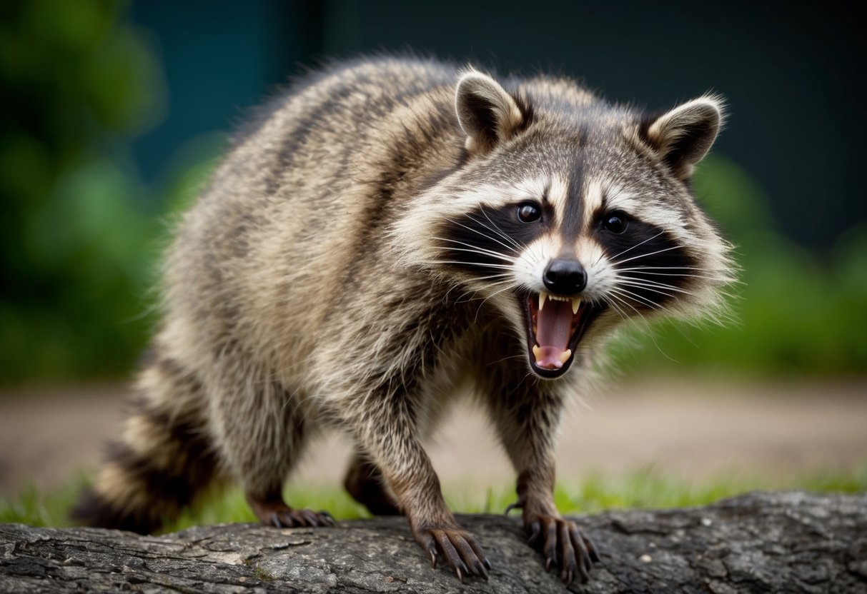 A raccoon foaming at the mouth, snarling and staggering, with disheveled fur and dilated eyes