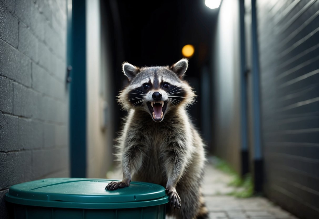 A raccoon snarling and foaming at the mouth, with aggressive body language and disheveled fur, standing near a trash can in a dimly lit alleyway
