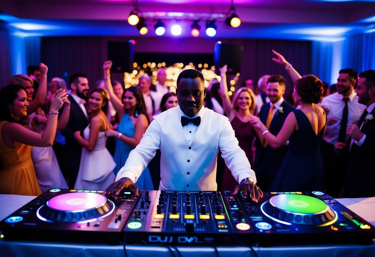 A figure stands behind a DJ booth, surrounded by dancing guests at a wedding reception. The colorful lights and energetic atmosphere create a lively scene