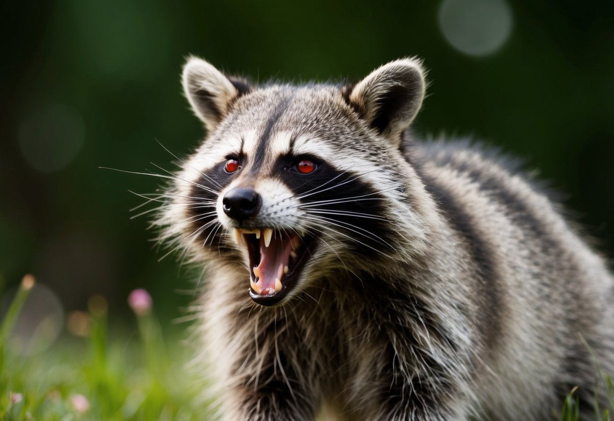 A raccoon snarling and foaming at the mouth, with aggressive body language and red, irritated eyes