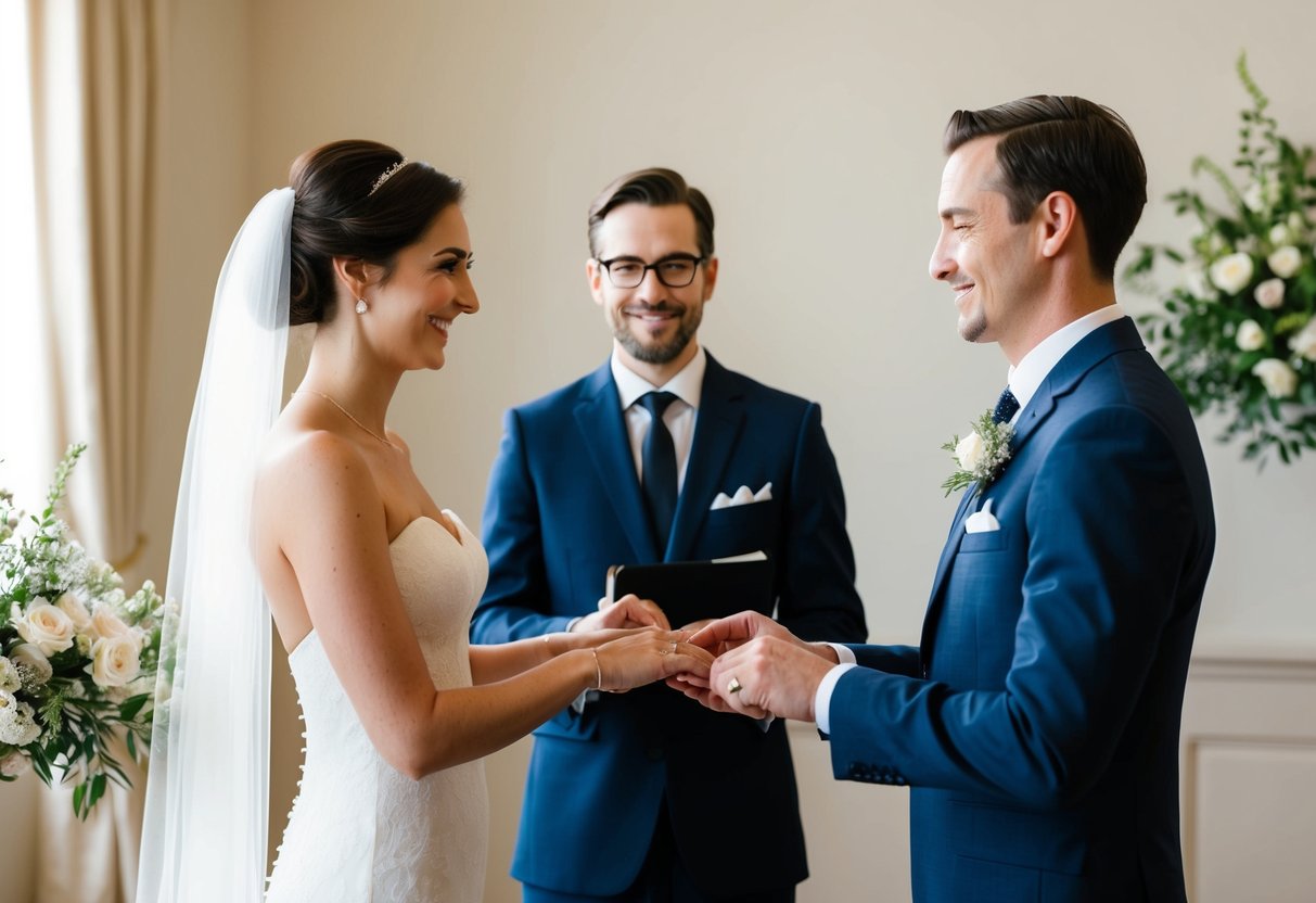 A couple stands before a registrar in a simple, elegant room, exchanging rings and vows. The room is filled with soft light and flowers