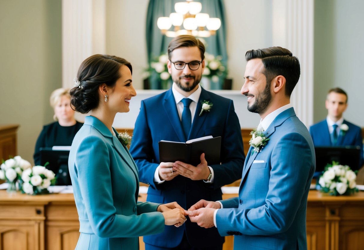 A couple standing in front of a registrar at a marriage office, exchanging vows and rings