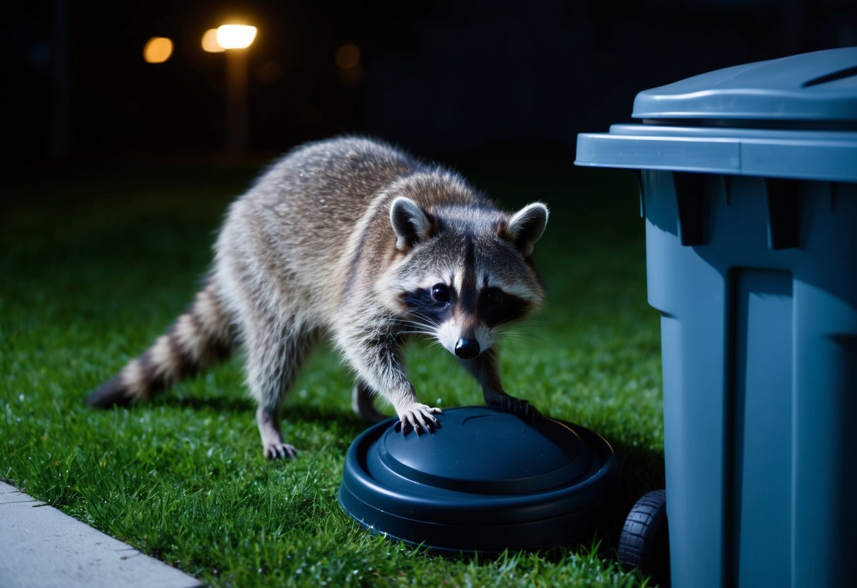 A raccoon cautiously explores a trash can in a suburban backyard at night, illuminated by a dim streetlight