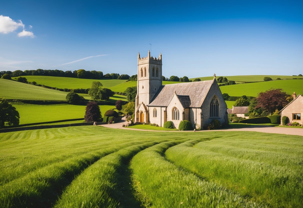 A countryside wedding in the UK, with rolling green hills, a quaint stone church, and a clear blue sky