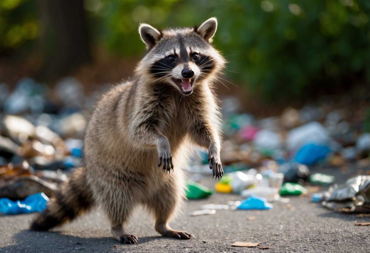 A raccoon standing on its hind legs, baring its teeth and hissing, with trash scattered around