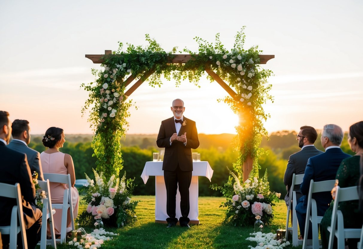 A celebrant stands at an outdoor wedding altar, surrounded by lush greenery and blooming flowers. The sun sets in the distance, casting a warm glow over the scene