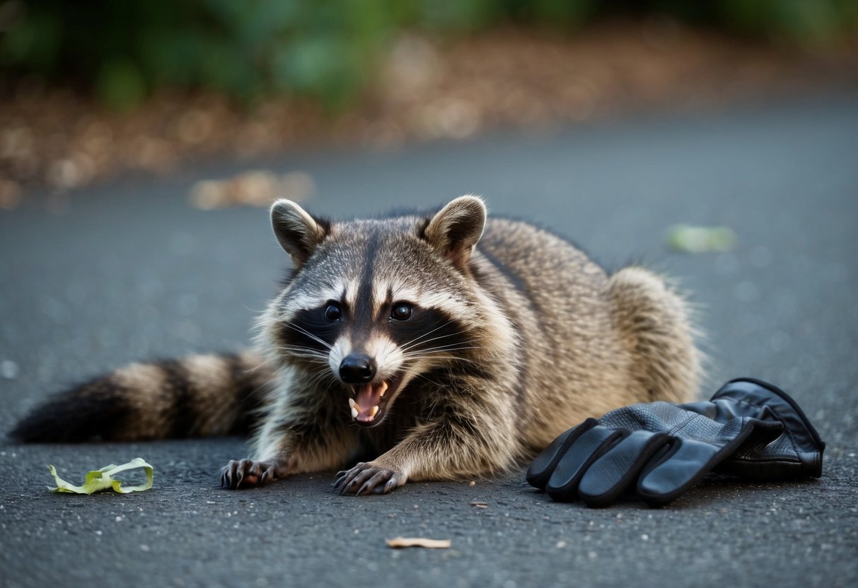 A dead raccoon lies on the ground, its mouth foaming. A pair of gloves lies nearby, as if someone had attempted to touch it