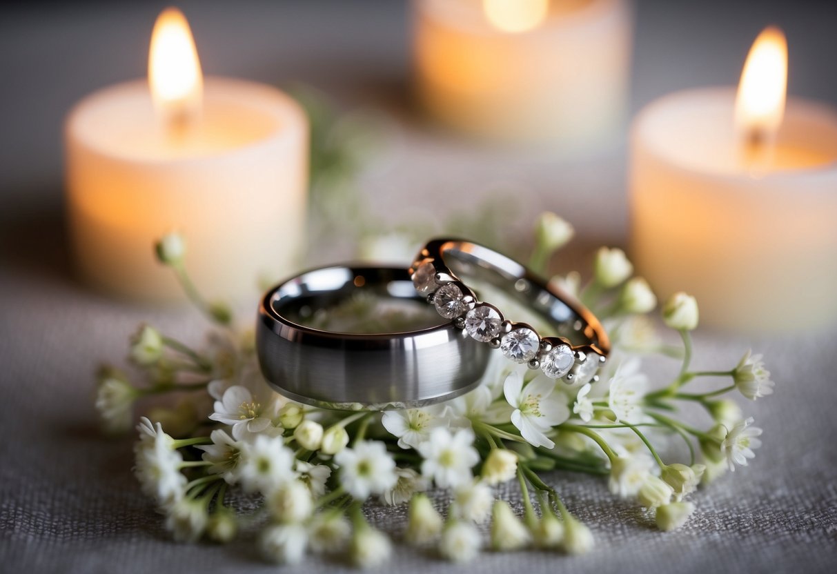 A pair of elegant wedding rings resting on a bed of delicate white flowers, surrounded by soft candlelight