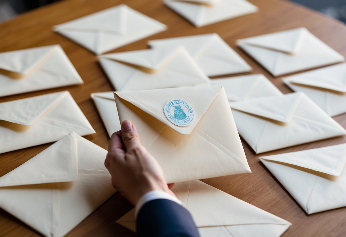 A hand holding a sealed envelope with a wedding-themed stamp, surrounded by other unopened envelopes on a table
