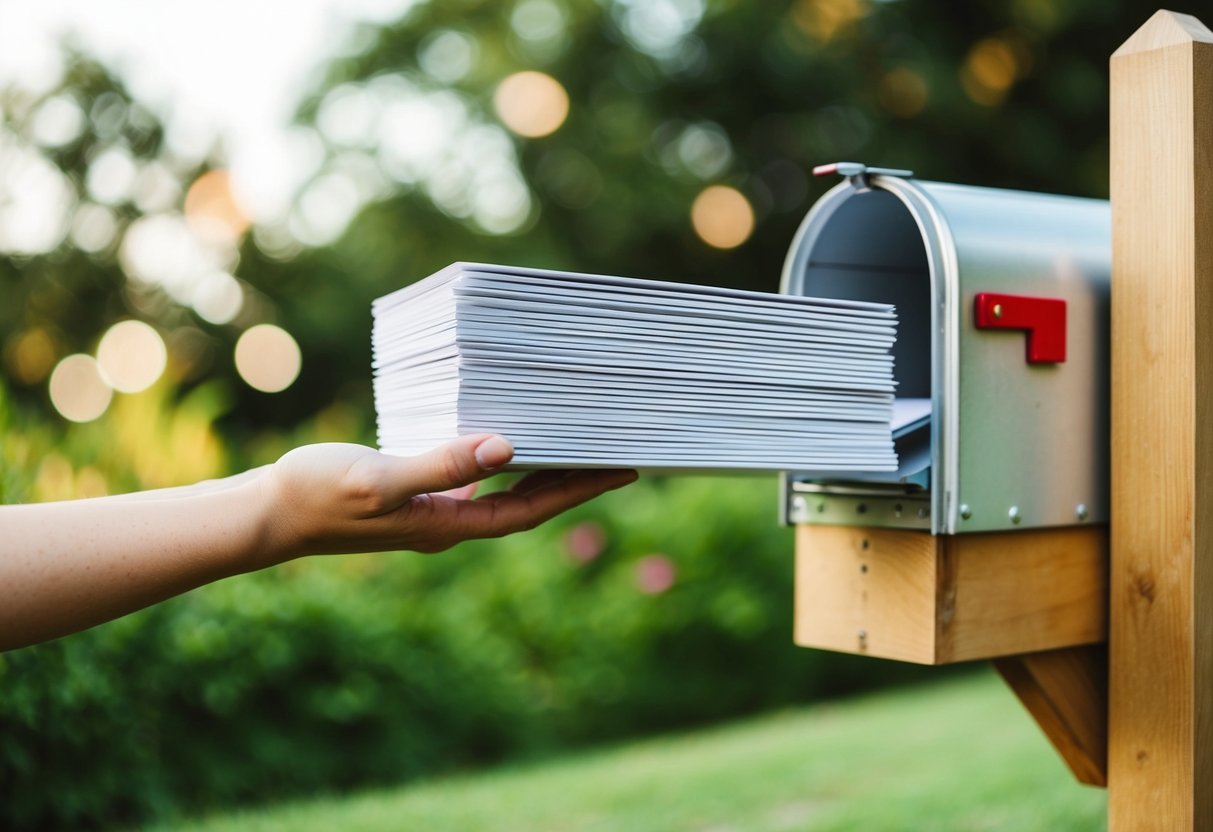 A stack of elegant wedding announcement cards being placed in a mailbox