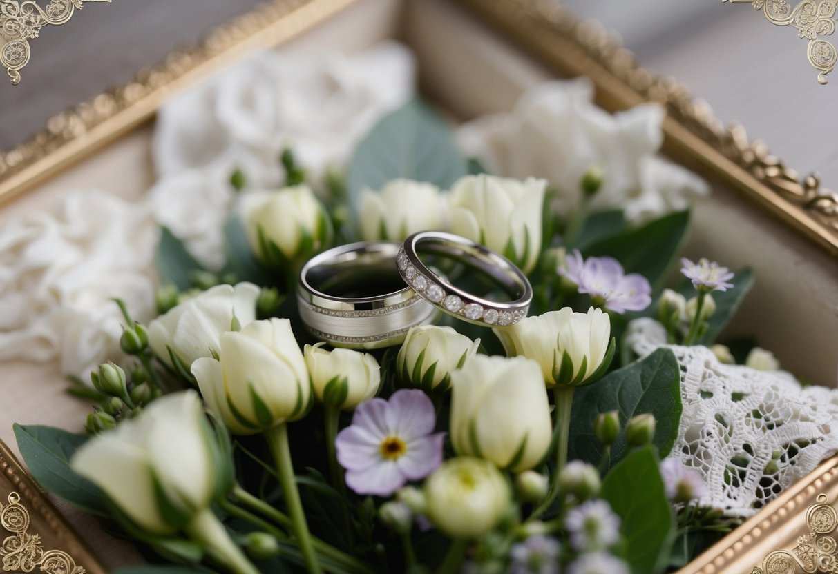 A pair of elegant wedding rings resting on a bed of fresh flowers, surrounded by delicate lace and a vintage-inspired frame