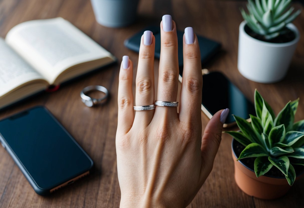 A hand wearing a band ring, surrounded by various non-marriage-related items like a book, a phone, and a plant