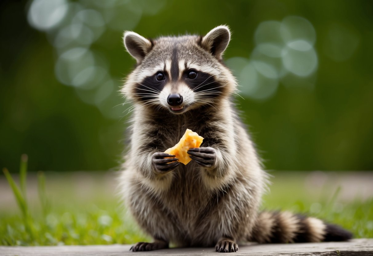 A raccoon sitting on its hind legs, holding a piece of food in its front paws, with a curious expression on its face