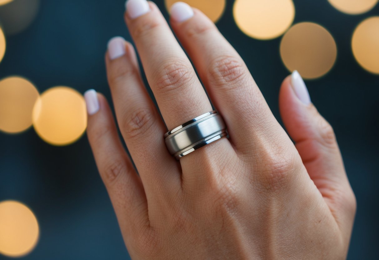 A hand holding a band ring, with a clear focus on the ring finger