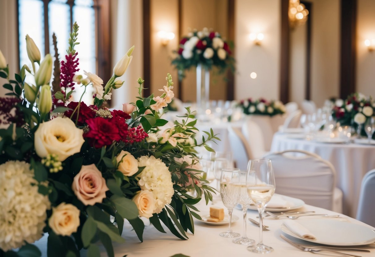 A formal wedding setting with elegant floral decorations and a sophisticated dress code