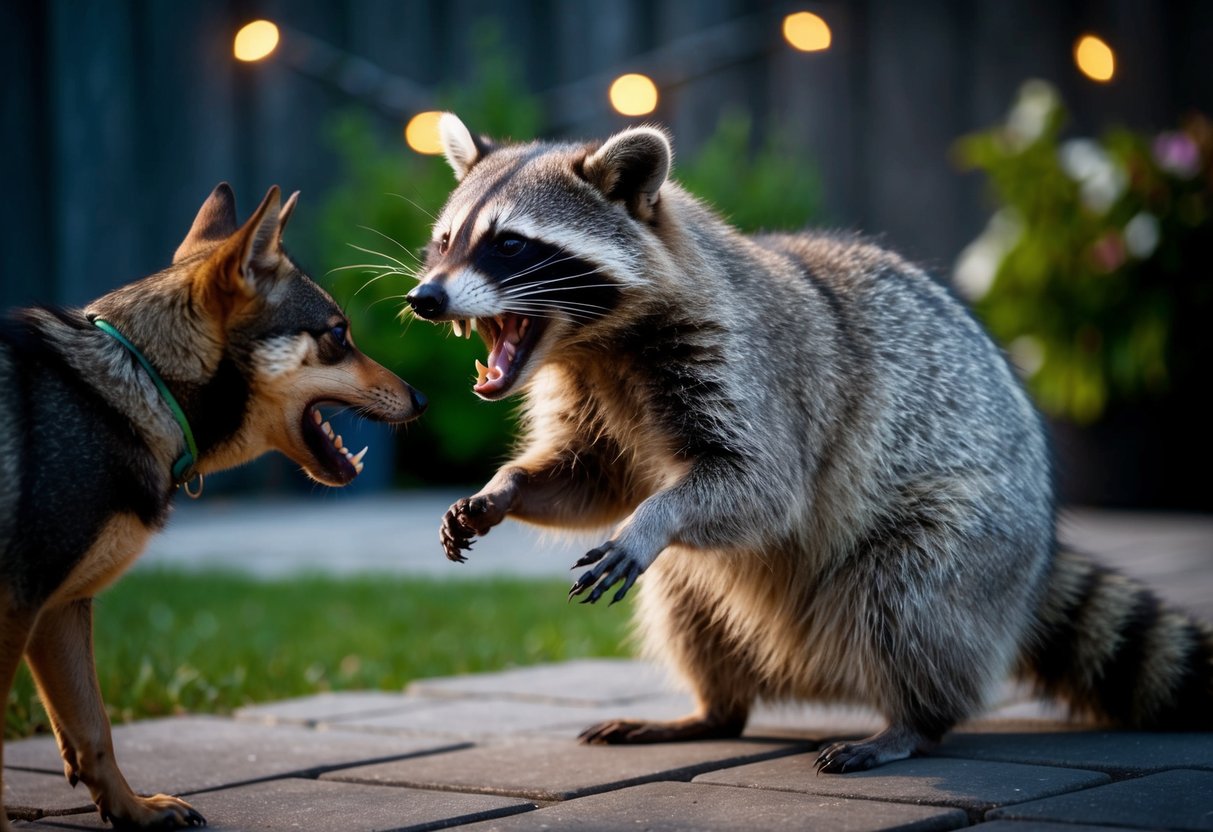 A raccoon snarls at a barking dog, its teeth bared, in a dimly lit backyard