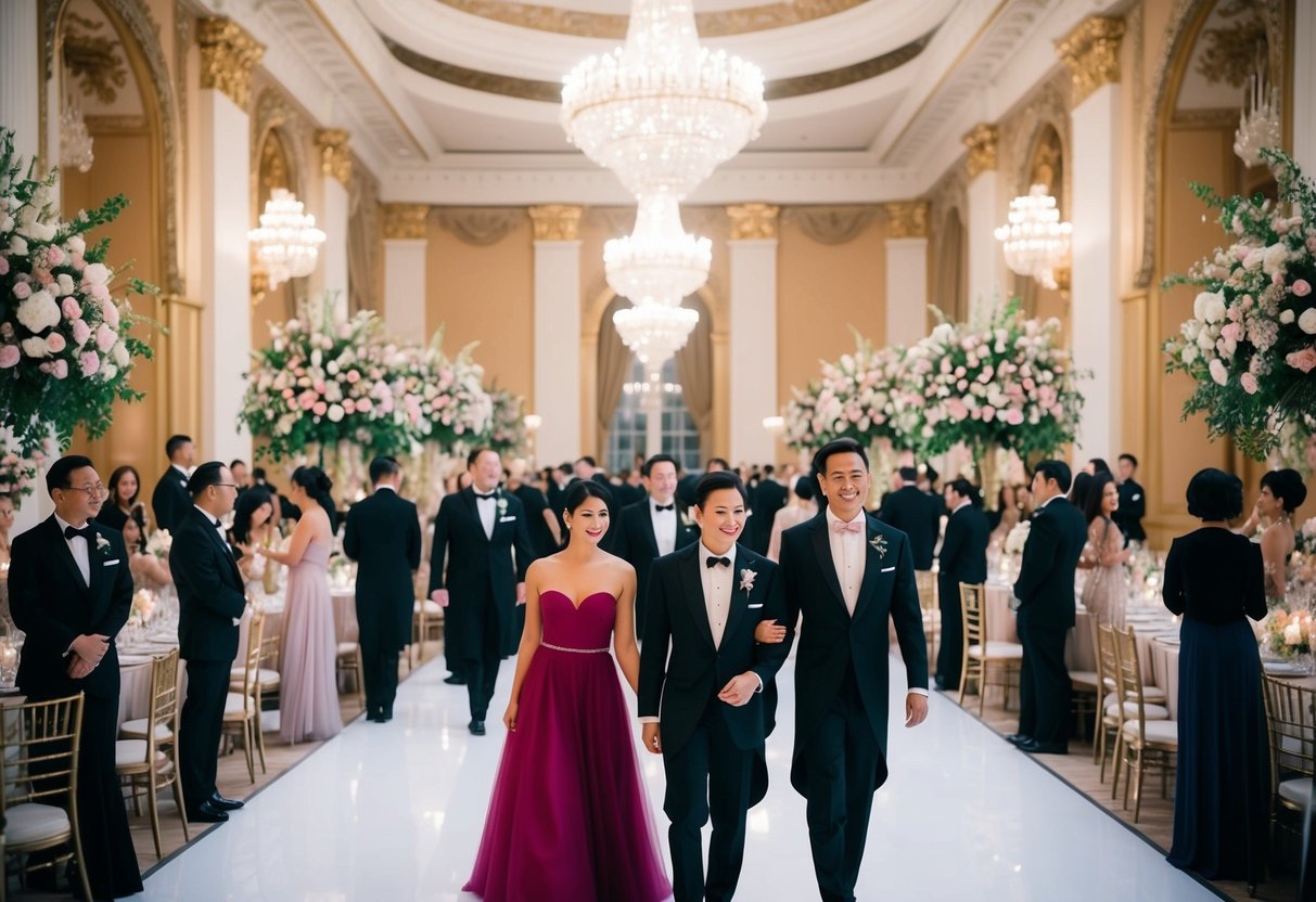 A grand ballroom with elegant guests in formal attire, adorned with opulent floral decorations
