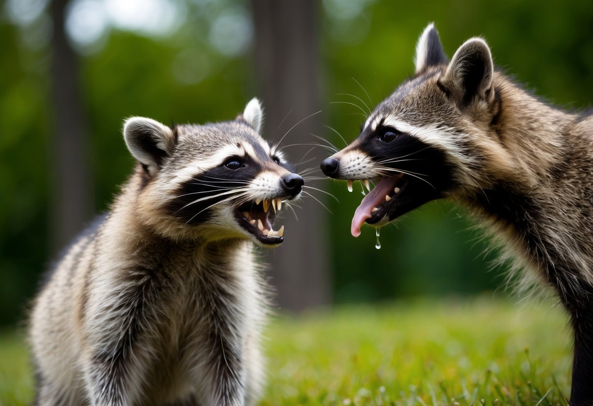 A raccoon snarling at a dog, saliva dripping from its mouth, with a menacing look in its eyes