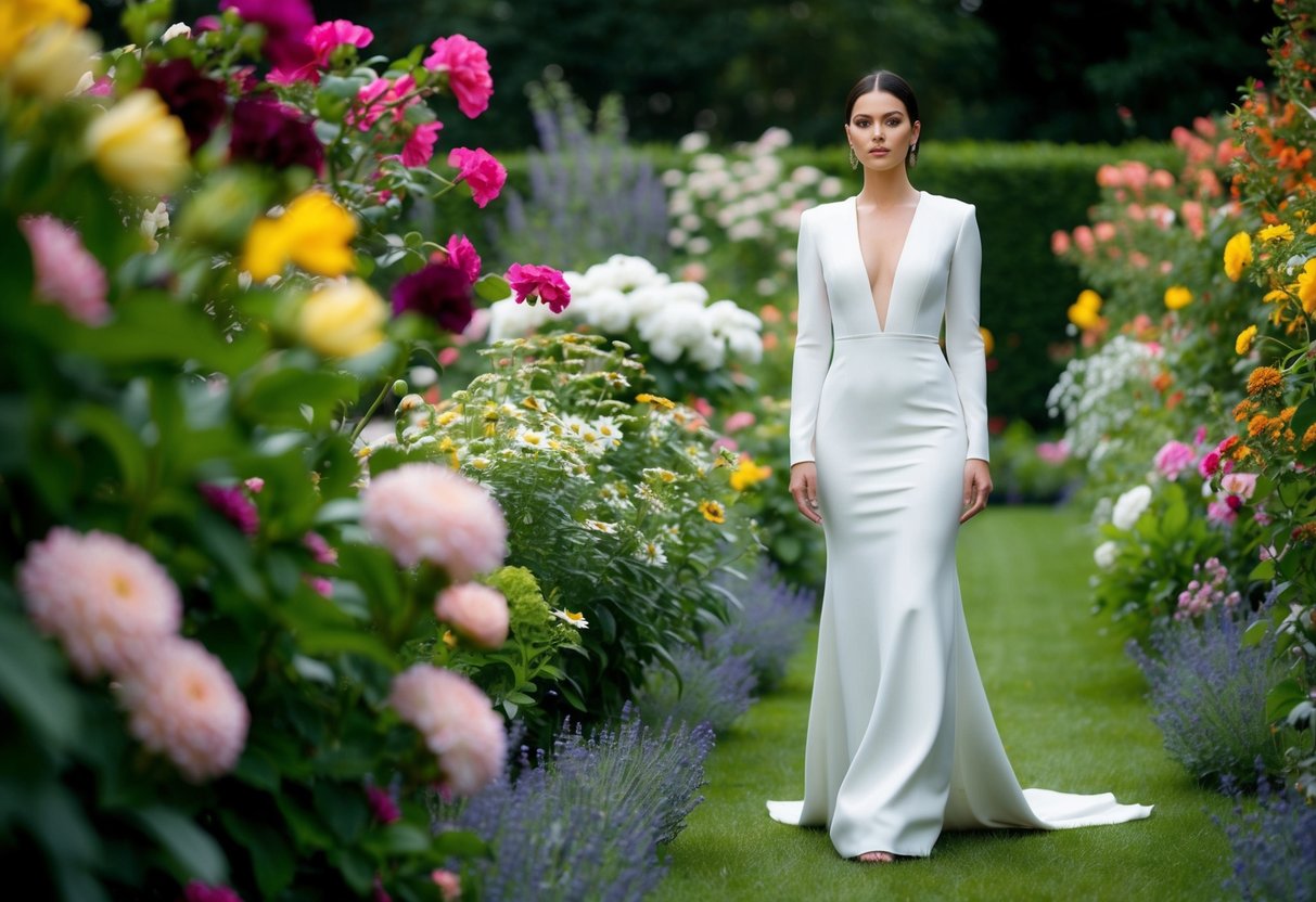 A woman in a sleek, floor-length gown stands in a lush garden, surrounded by blooming flowers of various sizes and colors