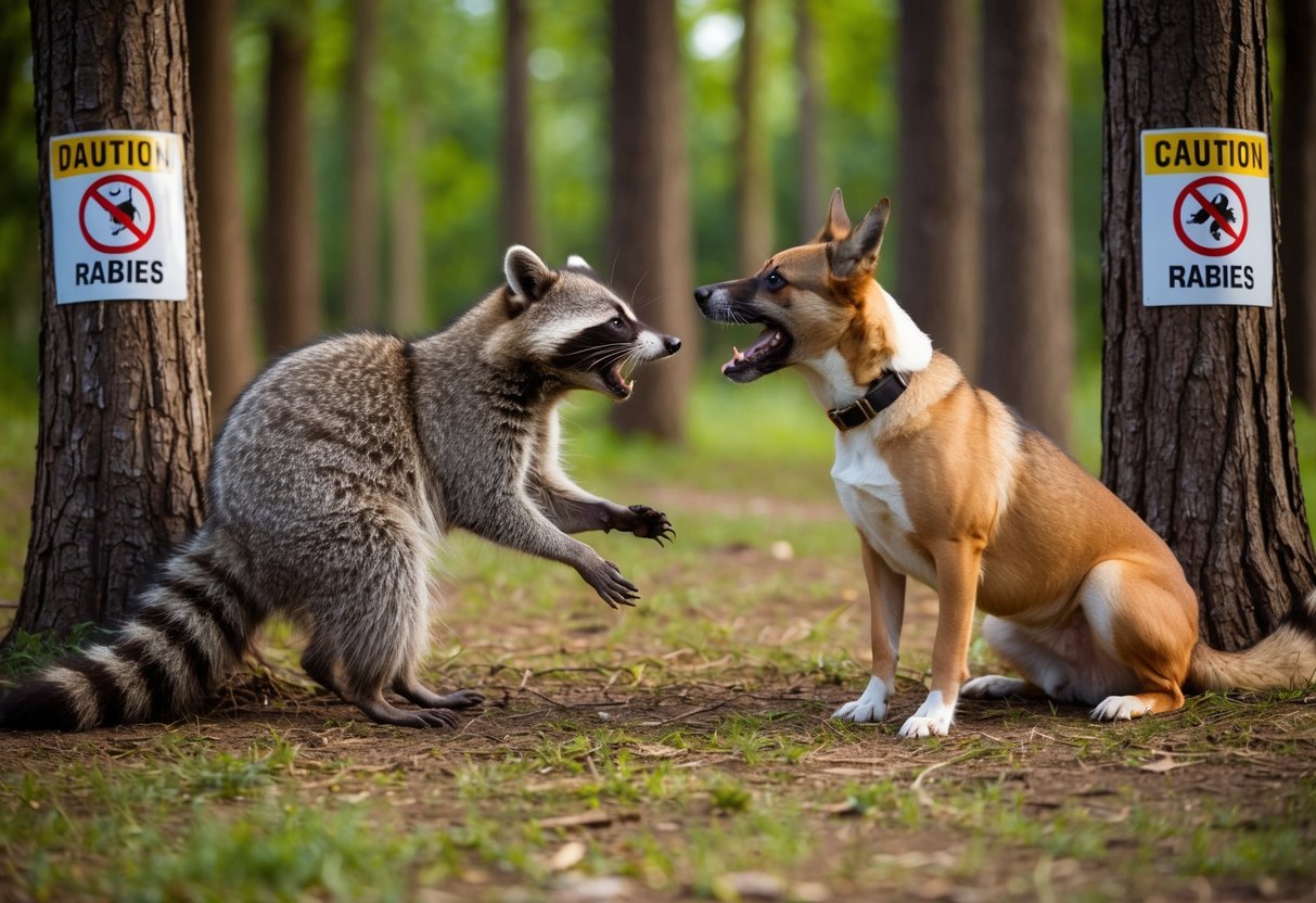 A raccoon snarling at a barking dog, both surrounded by a wooded area with caution signs about rabies posted on the trees