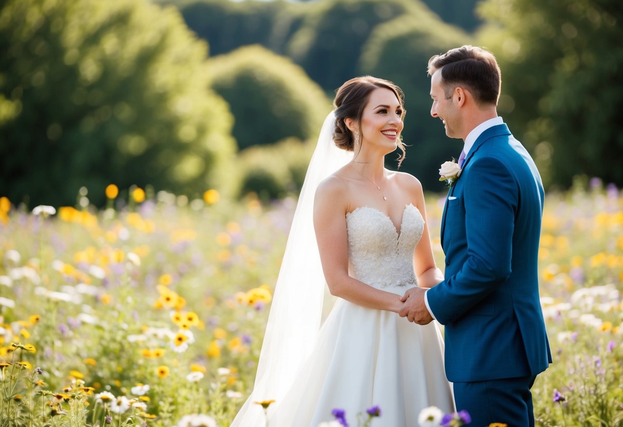 A bride standing in a field of wildflowers, her natural beauty radiating as she smiles at her groom