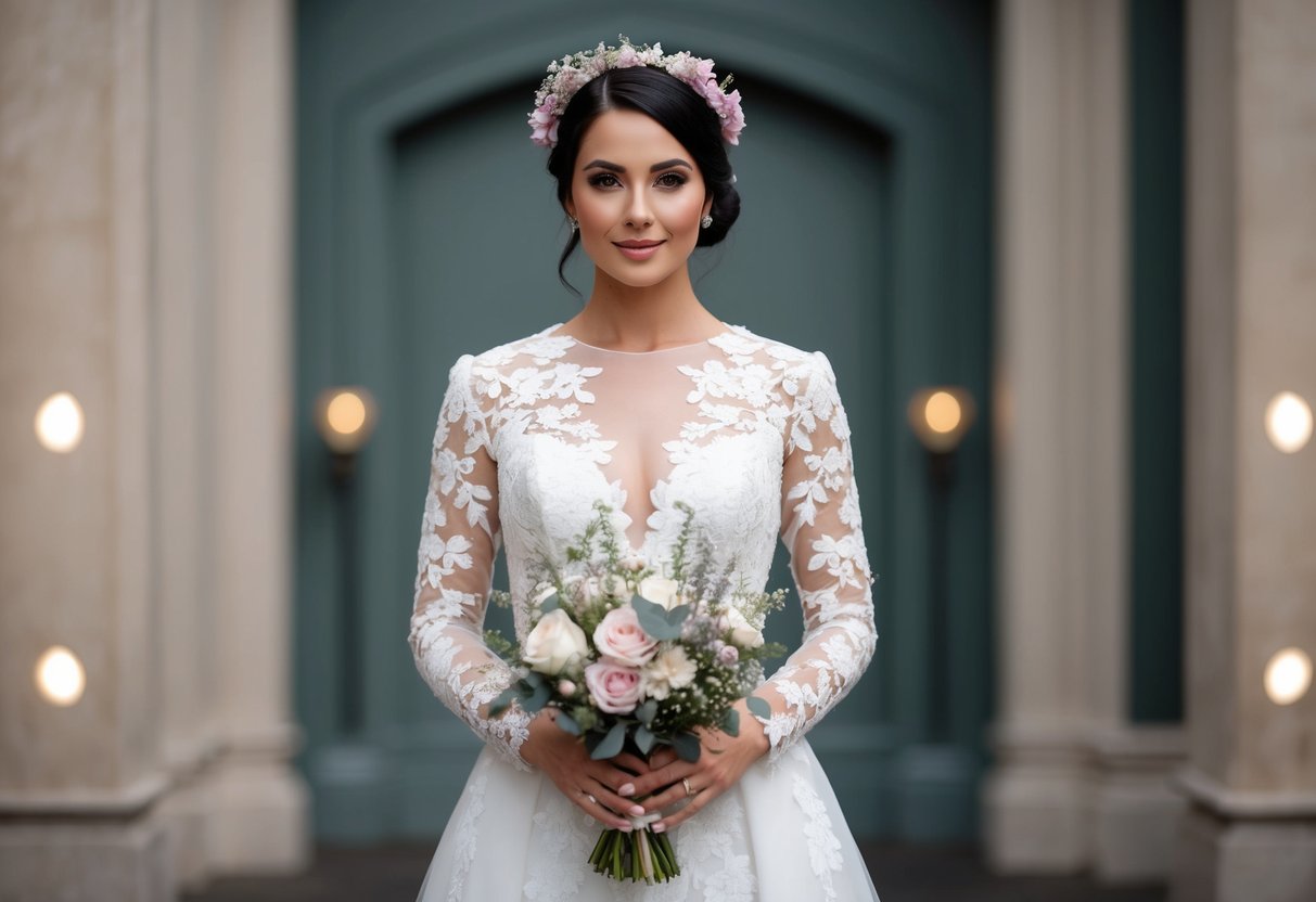 A woman in a formal floral wedding outfit, wearing a delicate floral hairpiece and holding a bouquet of matching flowers