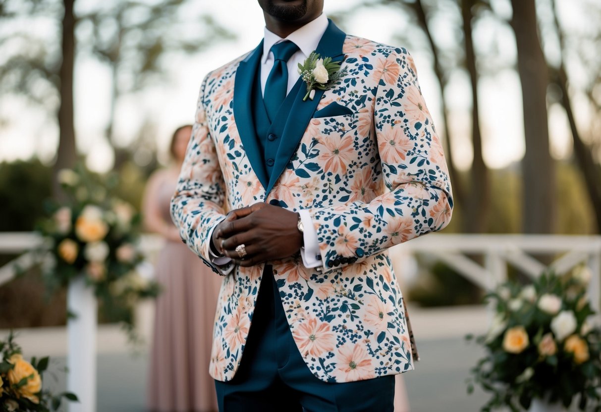 A confident figure in a floral-patterned formal attire at a wedding