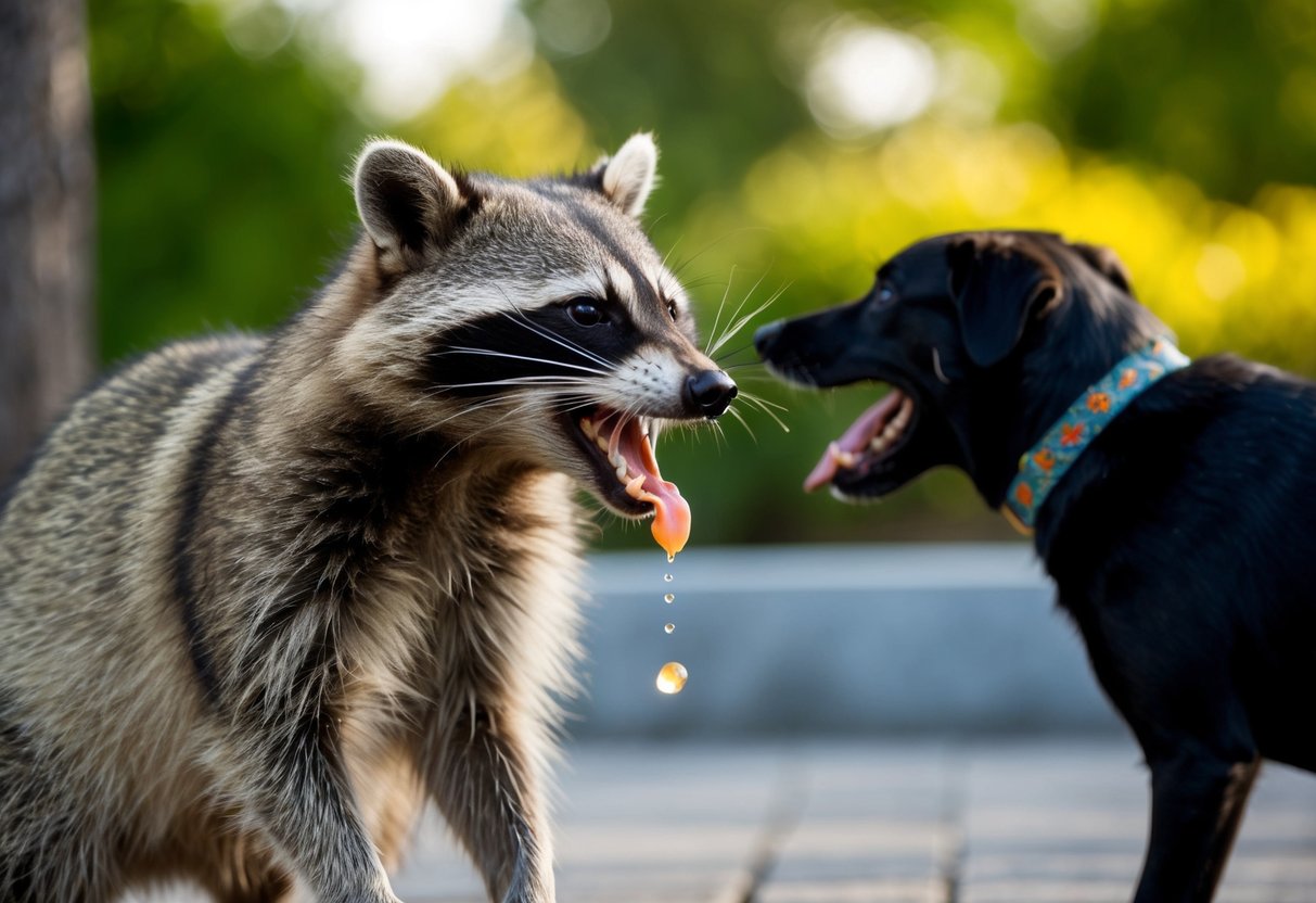 A raccoon snarling at a dog, saliva dripping from its mouth, as the dog barks and backs away