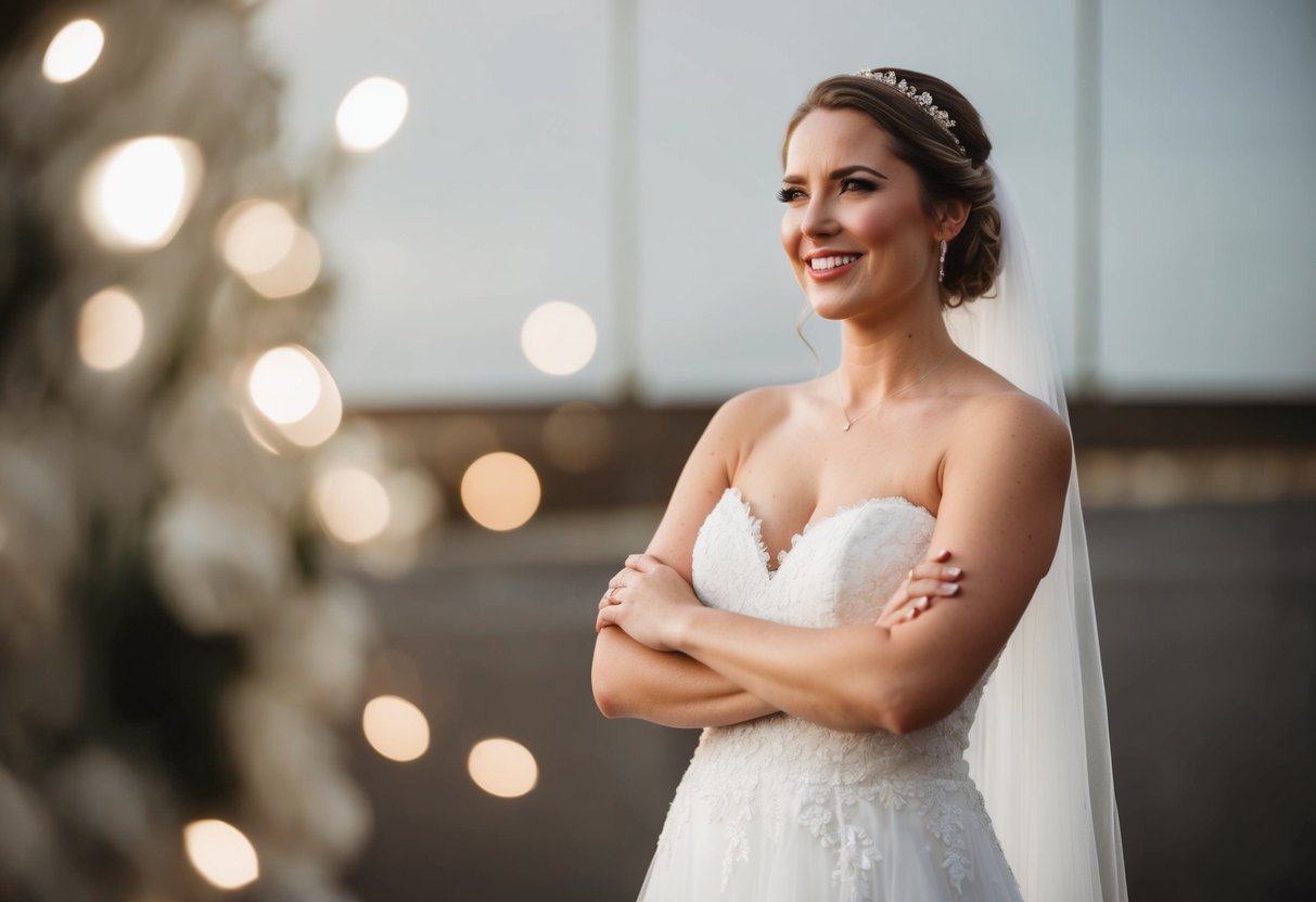 A bride stands confidently, radiating natural beauty on her makeup-free wedding day. Her serene expression exudes self-assurance and joy