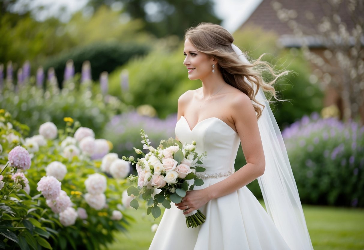 A bride with flowing hair stands in a garden, surrounded by blooming flowers and a gentle breeze