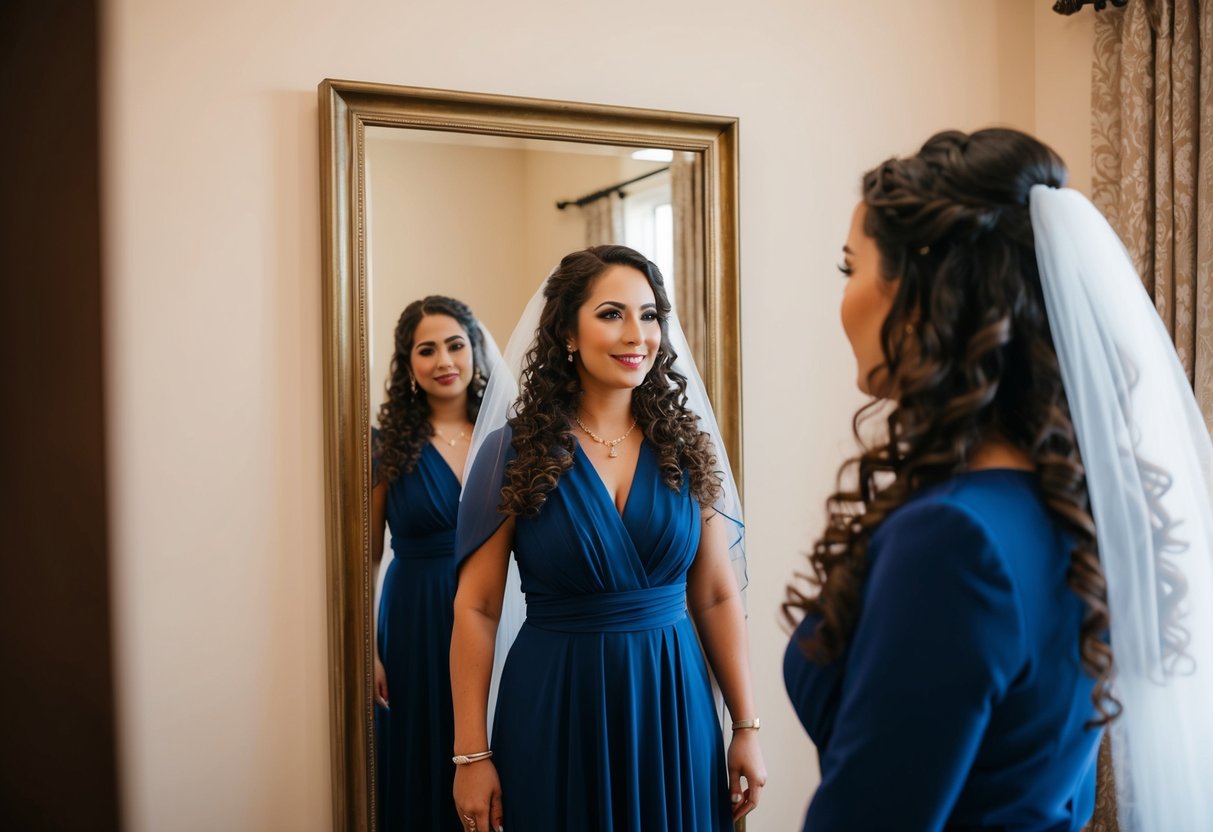 A woman with long, curly hair stands in front of a mirror, trying on a wedding veil with her hair down