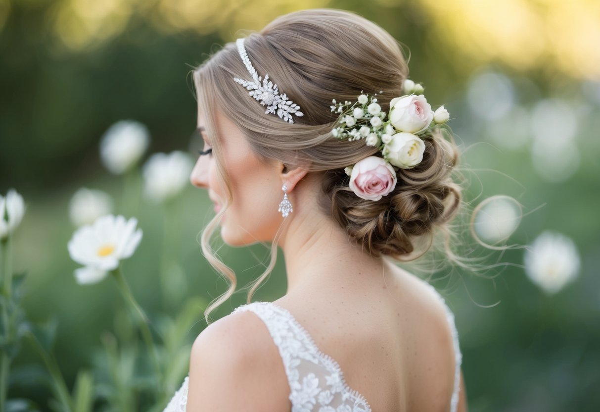 A bride's hair adorned with delicate flowers and secured with a sparkling hairpin, flowing freely for her wedding day