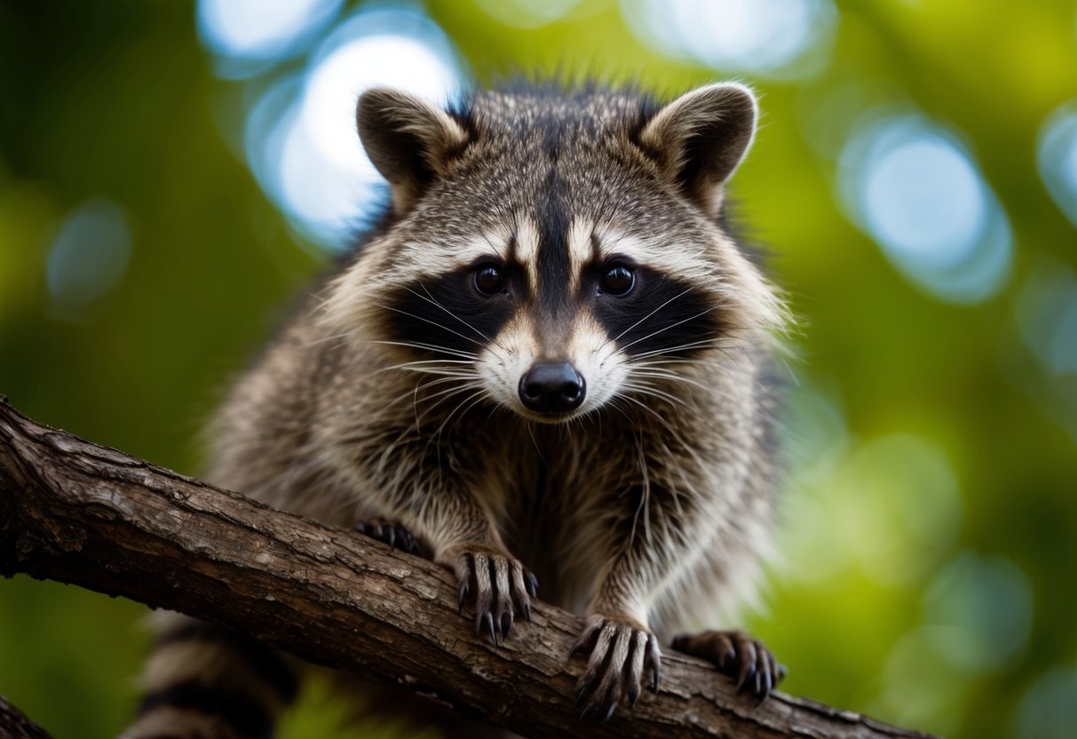 A raccoon perched on a tree branch, gazing directly at the viewer with intense curiosity and alertness